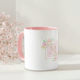 Taza Regalo inicial personalizado de flores rosadas en 