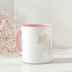 Taza Regalo inicial personalizado de flores rosadas en 