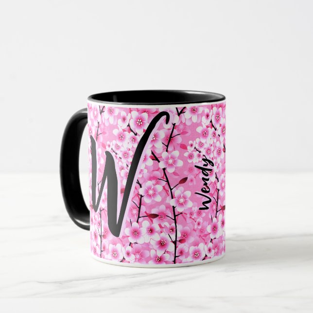 Taza Regalo rosado negro (nombre floral y monograma) (Anverso izquierdo)