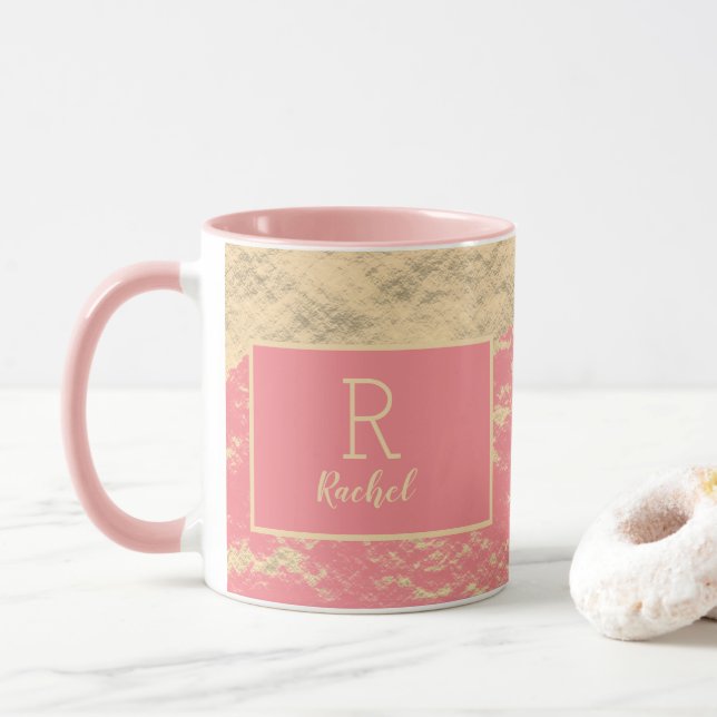 Taza Relieve metalizado dorado rosado monograma - clási (Con donut)