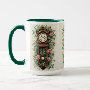 Taza Reloj Antiguo Rodeado de Rosas y Enredaderas