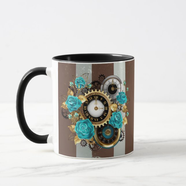 Taza Reloj de vapor y Rosas turquesa a rayas (Izquierda)