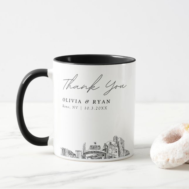 Taza Reno Skyline Sketch Simple Wedding Mug (Con donut)
