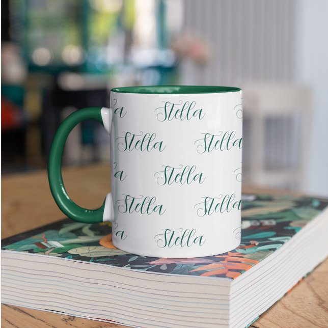 Taza Repetir el nombre en verde sobre blanco (Subido por el creador)
