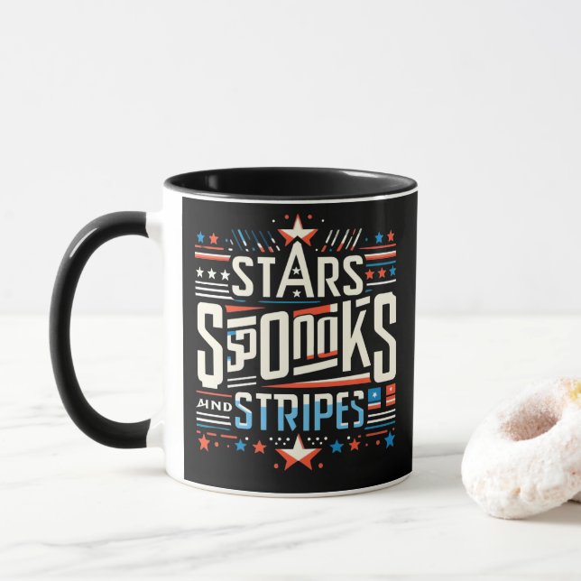 Taza Resumen de la Americana: Estrellas, Libros y Rayas (Con donut)