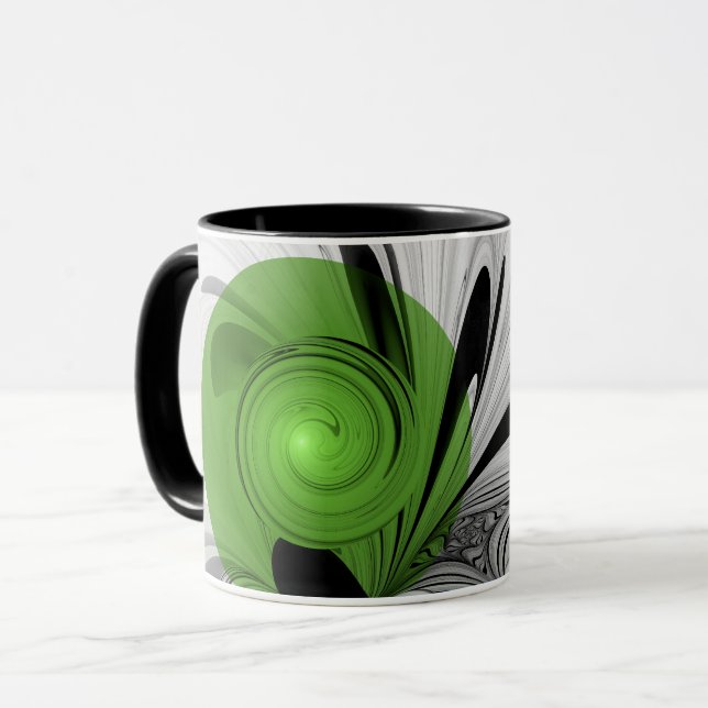 Taza Resumen en blanco y negro con arte fractal verde (Anverso izquierdo)