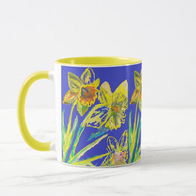 Taza Resumen Flores Azules Amarillas Daffodil Arte Flor (Izquierda)