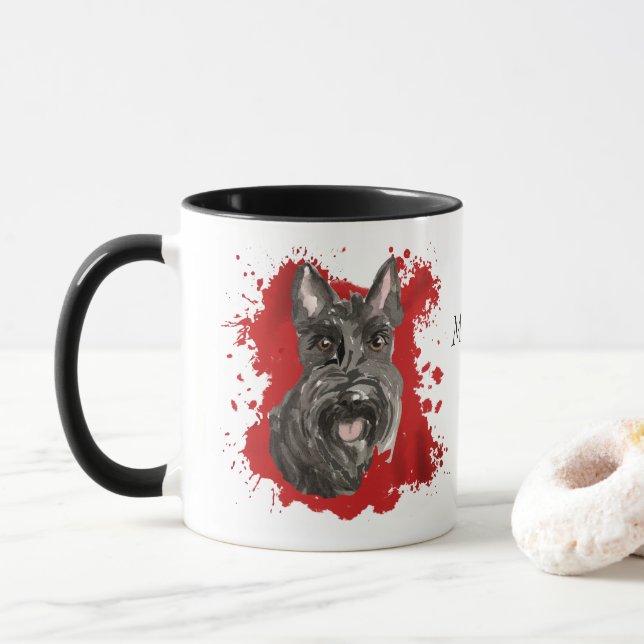 Taza Resumen rojo del perro del terror escocés (Con donut)