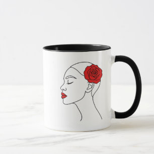 Taza Retrato artístico de mujer con rosa rojo