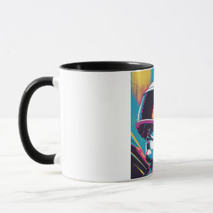Taza retrato de personaje futurista que lleva auricular