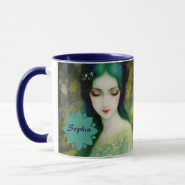 Taza Retrato elegante de mujer fantastica en verde y az
