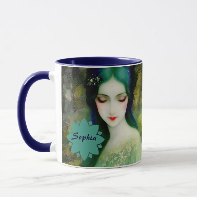 Taza Retrato elegante de mujer fantastica en verde y az (Izquierda)