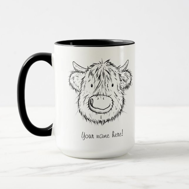 Taza Retrato escocés de bosquejo de vacas de altiplano (Izquierda)