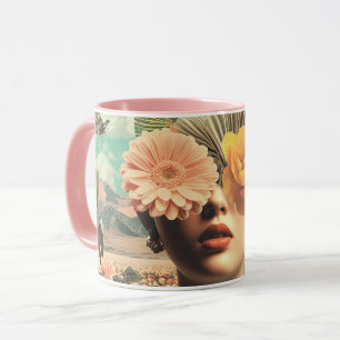 Taza Retrato Femenino Surrealista con Flores Cubriendo