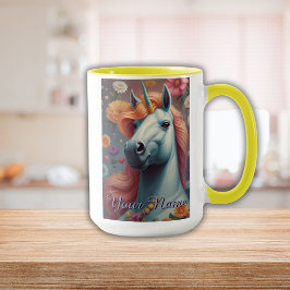 Taza Retrato personalizado de flores de unicornio blanc