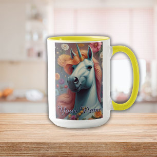 Taza Retrato personalizado de flores de unicornio blanc