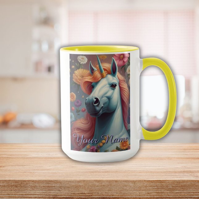 Taza Retrato personalizado de flores de unicornio blanc (Personalized White Unicorn Flower Portrait Mug)