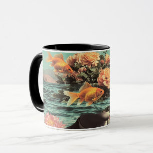 Taza Retrato Surrealista con Flores de Goldfish y Océan