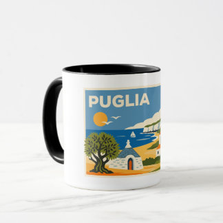 Taza Retro Azul y Amarillo Viaje Costero Puglia Trullo