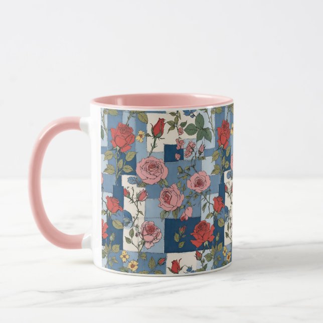 Taza Retro Blue Jean Denim Patchwork con Rosas (Izquierda)