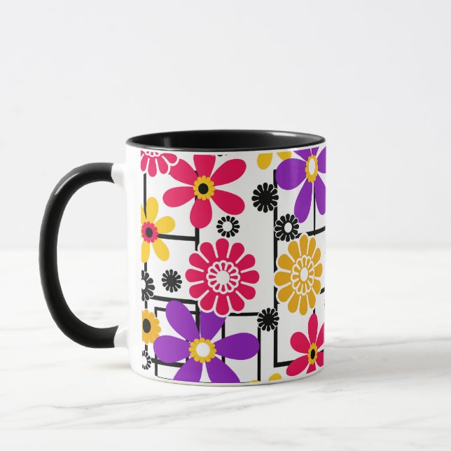 Taza Retro de flores, retro brillante, floral, rojo y a (Izquierda)