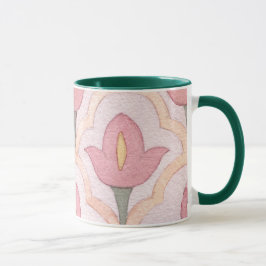 Taza Retro de tulipanes de color verde oscuro y rosa de
