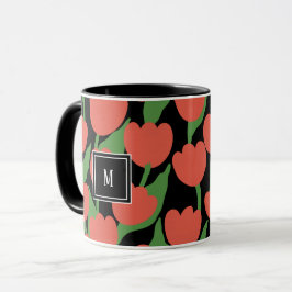 Taza Retro de tulipanes rojos, monograma personalizado
