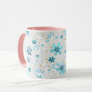 Taza Retro , estampado floral , azul , gris
