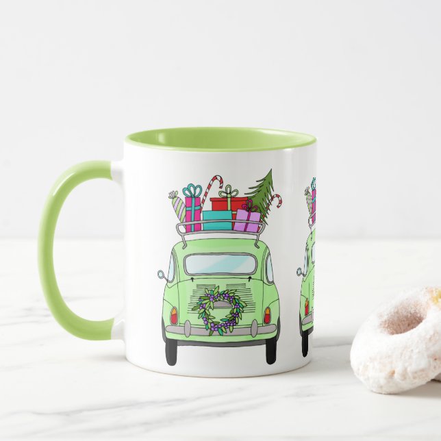 Taza Retro Fiat 500 con regalos de Navidades (Con donut)
