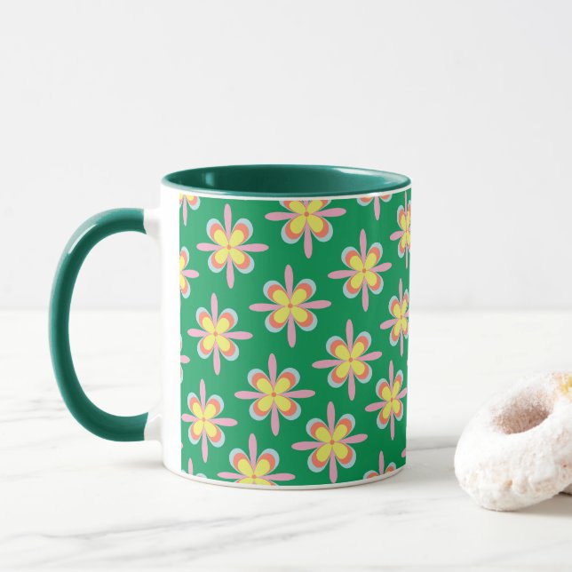 Taza Retro Floral Pattern Colorful Spring Flower Design (Con donut)