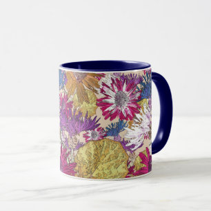 Taza Retro, florido, rojo, ramo, flores azules,