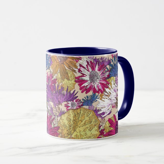 Taza Retro, florido, rojo, ramo, flores azules, (Anverso derecho)