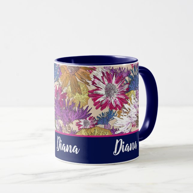 Taza Retro, florido, rojo, ramo, flores azules, (Anverso derecho)