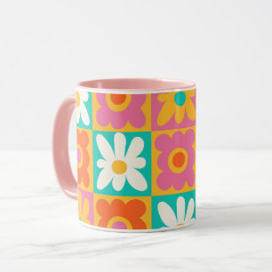 Taza Retro Groovy Floral de Cuadro de los 70 Colorido