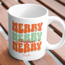 Taza Retro Groovy Merry Christmas Custom Name Boho