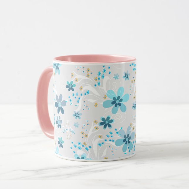 Taza Retro , patrón floral , azul , gris (Anverso izquierdo)
