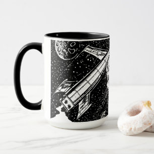 Taza Retro Rocket – Cosmic Cool en Negro y Blanco
