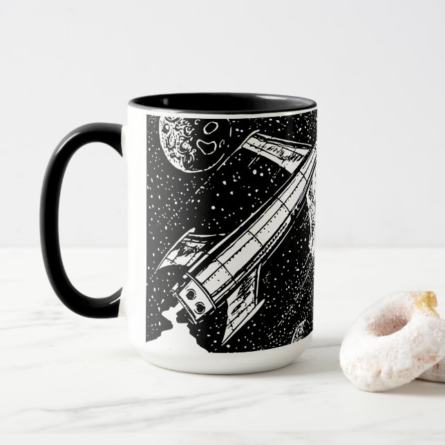 Taza Retro Rocket – Cosmic Cool en Negro y Blanco (Con donut)