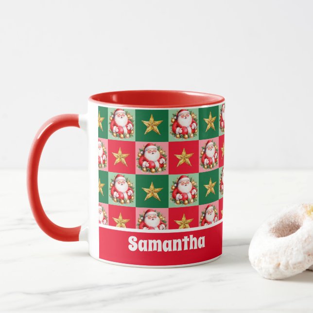 Taza Retro Rojo Santa Claus Feliz Navidad a los niños (Con donut)