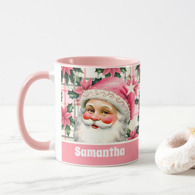 Taza Retro Rosa Santa Claus Navidades Floral Plaid (Con donut)