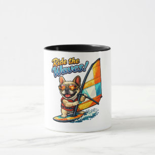 Taza Retro Windsurfing Frenchie Cabalga las Olas