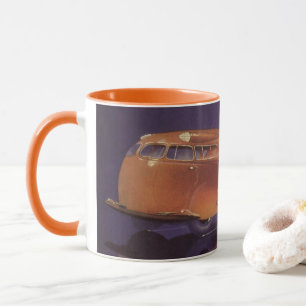 Taza Revista de motor vintage, coche de ciudad futurist