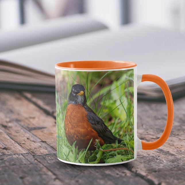 Taza Robin Songbird estadounidense con esperanzas en la (Robin the Grass 11 oz Coffee Mug Cover Photo.)