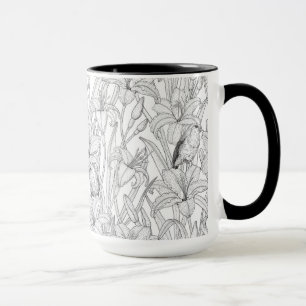 Taza Robins y flores de lilo, negro y blanco
