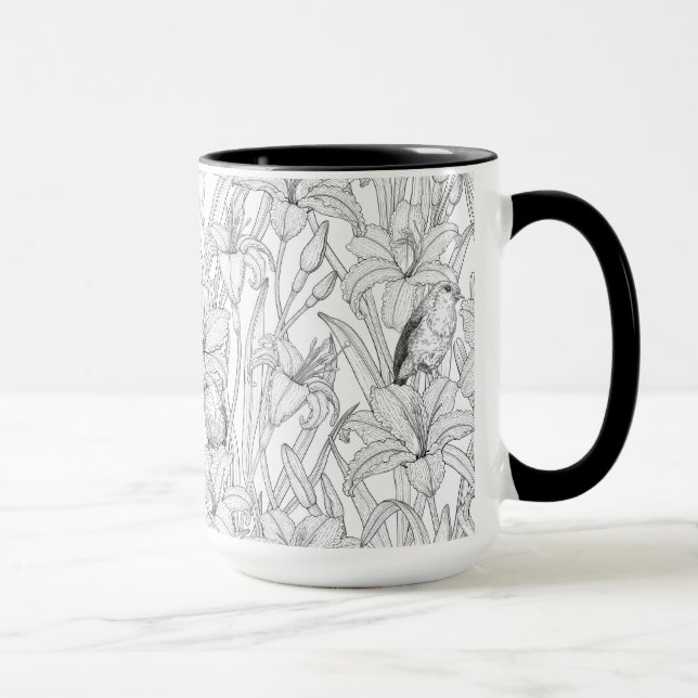 Taza Robins y flores de lilo, negro y blanco (Derecha)