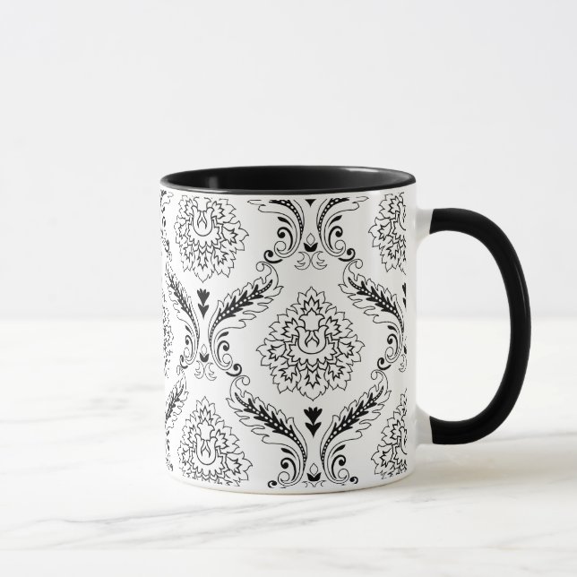 Taza Rococo Damask Line Pattern Black on White (Derecha)