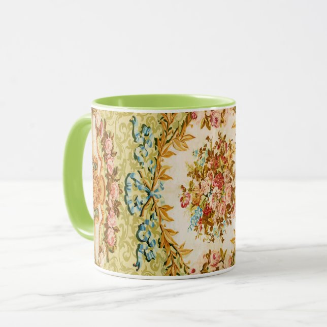 Taza Rococo Victoriano tapiz floral verde rosa (Anverso izquierdo)