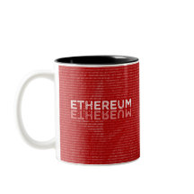 Taza roja binaria de Ethereum con el texto