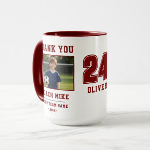 Taza roja foto nombre número equipo Gracias entren