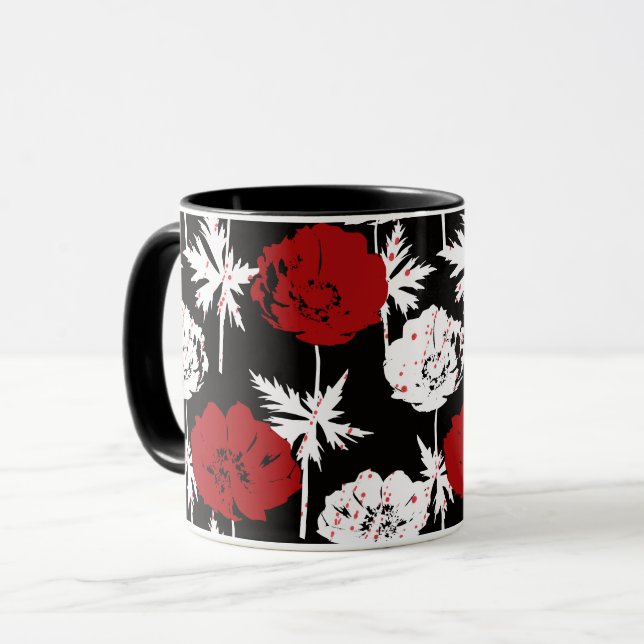 Taza Rojo, flores blancas en negro (Anverso izquierdo)